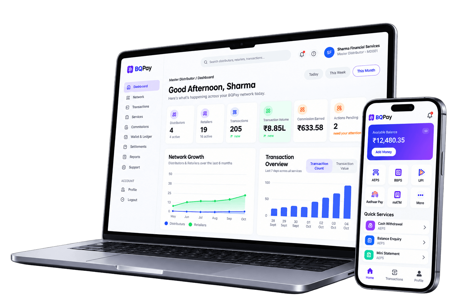 BQPay fintech portal dashboard on a laptop and mobile app showing network growth, transactions and quick services